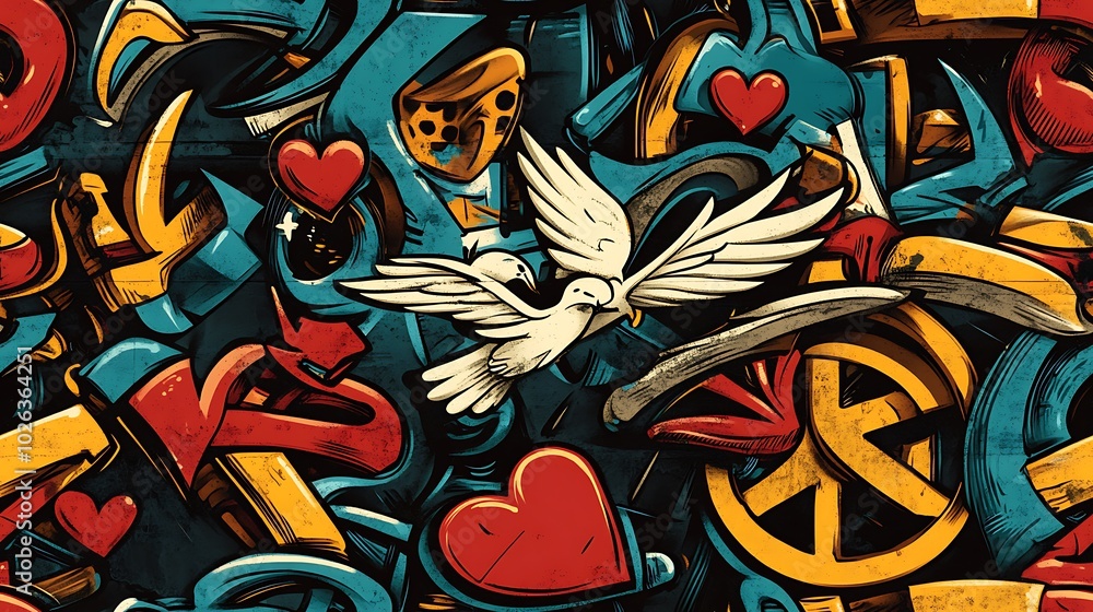 Naklejka premium Seamless graffiti pattern with hearts, doves, and abstract peace symbols, highlighted by bright neon colors and brushstrokes, spray-painted on a dark concrete wall,