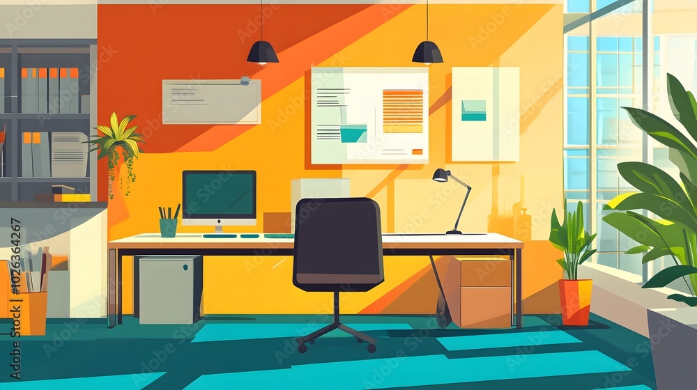 Modern Office Space with Desk, Chair, and Window View Modern Office Space with Desk, Chair, and Window View