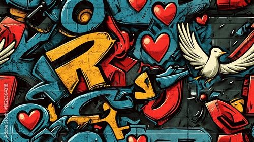 Seamless graffiti pattern with hearts, doves, and abstract peace symbols, highlighted by bright neon colors and brushstrokes, spray-painted on a dark concrete wall, photo