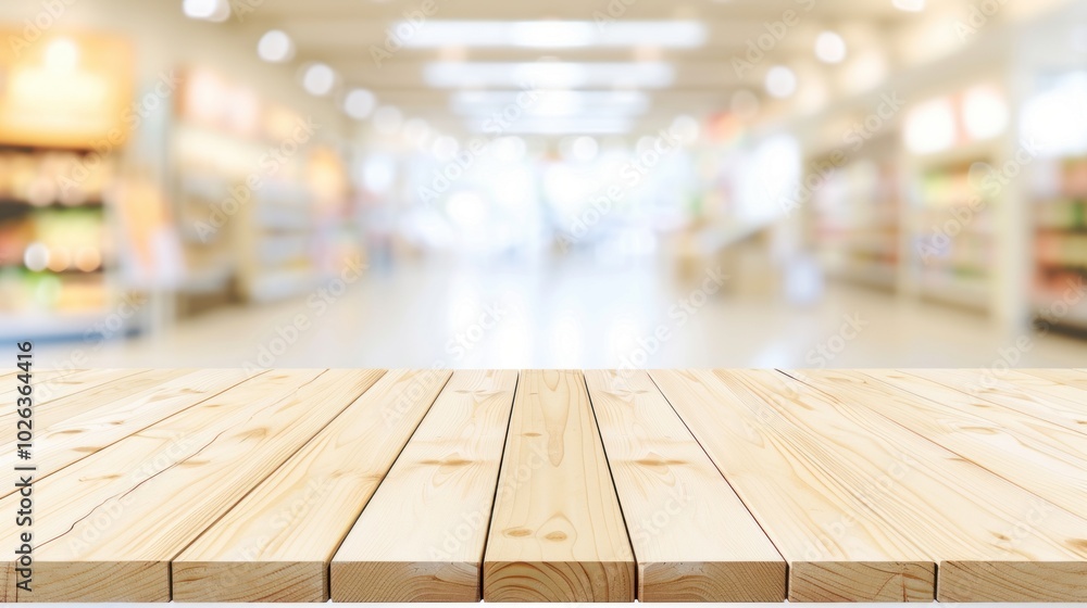 Wooden tabletop with blurred supermarket aisle background for product display Wooden tabletop with blurred supermarket aisle background for product display