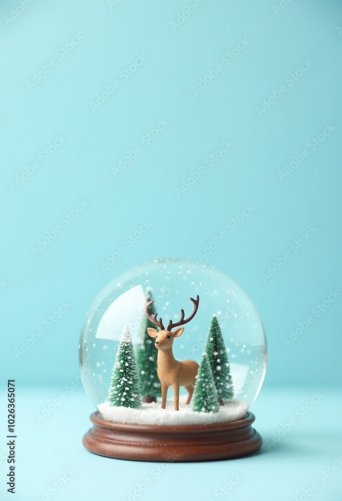 Snow globe with deer and Christmas trees inside on a light blue background