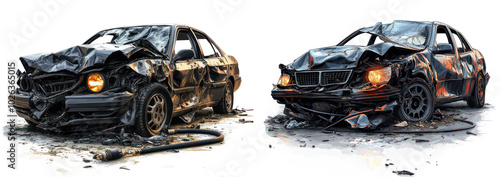Set of Wrecked Car After Severe Accident – Crashed Vehicle with Major Damage and Impact, Isolated on Transparent Background