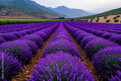 Minimalist lavender field, with clean rows of purple flowers leading toward a simple horizon line under a clear sky