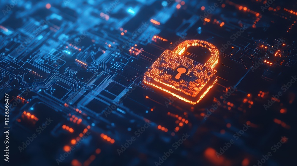 Abstract digital background featuring an illuminated padlock symbolizing cybersecurity and data protection in a futuristic setting.