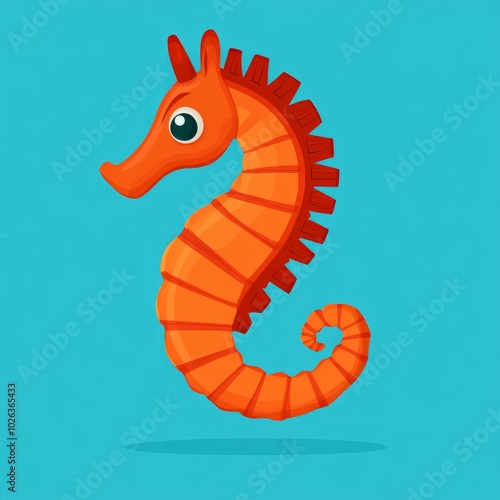 A vibrant, cartoon-style orange seahorse against a blue background. photo