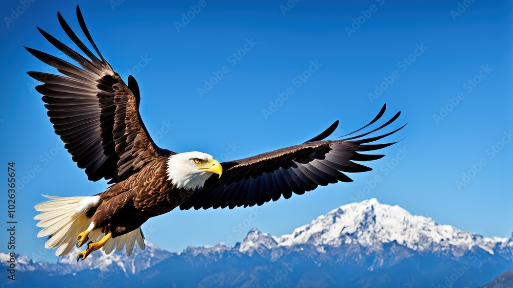 A majestic eagle soaring against a backdrop of snow-capped mountains and clear blue sky. A majestic eagle soaring against a backdrop of snow-capped mountains and clear blue sky.