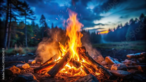 Night campfire with smoke, cozy outdoor bonfire