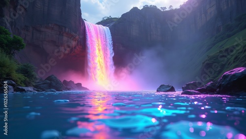 Dreamlike scene of a waterfall defying gravity and flowing into the sky photo