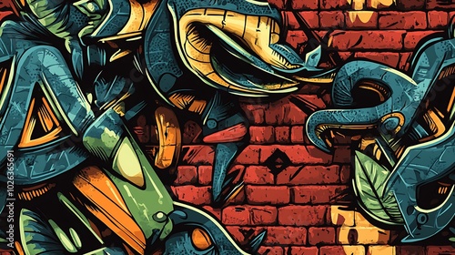 Urban graffiti style pattern with vivid green jungle leaves, colorful animal figures like snakes and frogs, and bold geometric patterns, layered over a rough brick wall background, photo