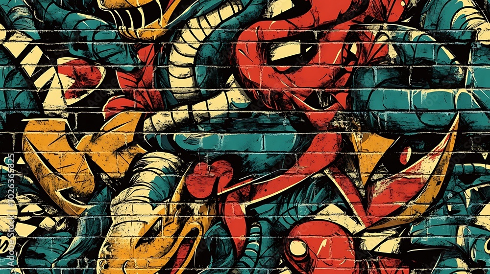 Urban graffiti style pattern with vivid green jungle leaves, colorful animal figures like snakes and frogs, and bold geometric patterns, layered over a rough brick wall background, Urban graffiti style pattern with vivid green jungle leaves, colorful animal figures like snakes and frogs, and bold geometric patterns, layered over a rough brick wall background,
