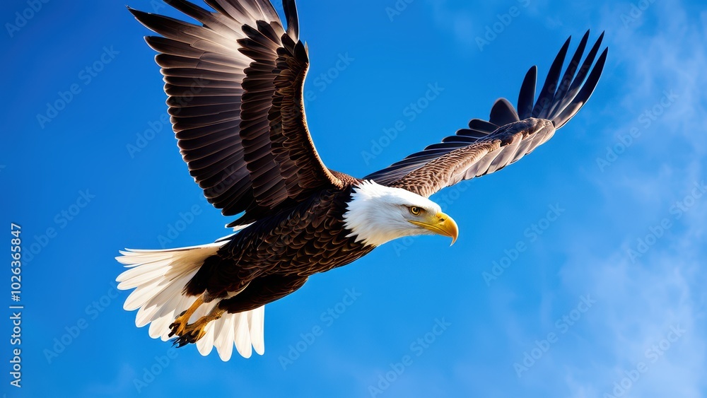 A majestic eagle soaring against a bright blue sky, showcasing its wingspan and grace.