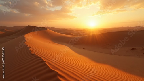 Wide shot of desert dunes with glowing liquid under the golden sunset