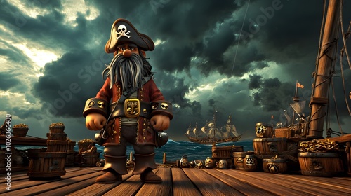 174. A 3D model of a cartoon pirate captain standing on the deck of a ship, with treasure chests and a stormy sky photo