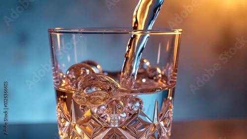 Slow-motion water pouring into a glass with crystal reflections photo