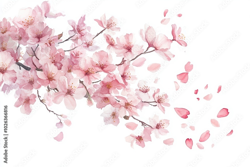 Beautiful watercolor cherry blossom branch with delicate pink flowers and petals, perfect for spring-themed designs. Beautiful watercolor cherry blossom branch with delicate pink flowers and petals, perfect for spring-themed designs.