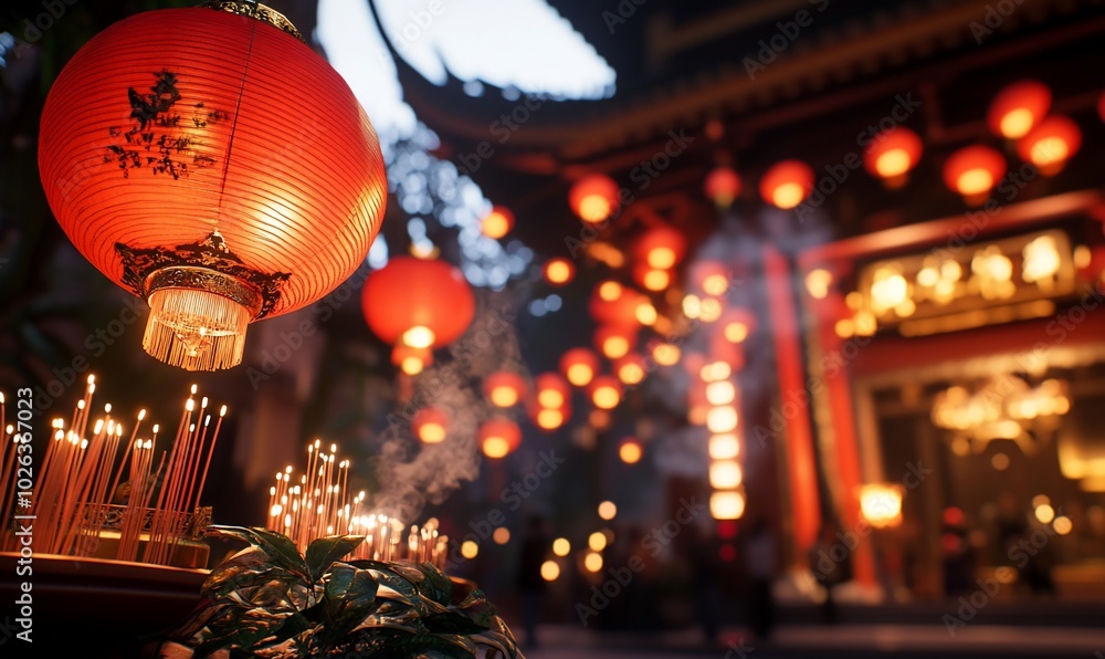 Lanterns and incense at a vibrant cultural celebration. Lanterns and incense at a vibrant cultural celebration.