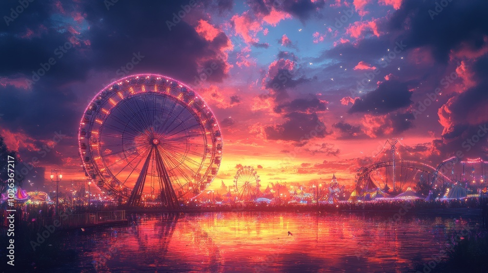 A vibrant carnival scene with a Ferris wheel silhouetted against a fiery sunset. A vibrant carnival scene with a Ferris wheel silhouetted against a fiery sunset.