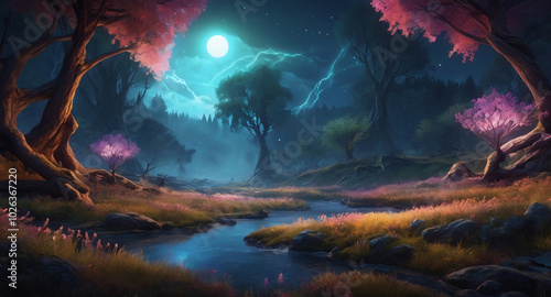 mystical trees with bioluminescent leaves. A crystal-clear stream flows gently through the scene
