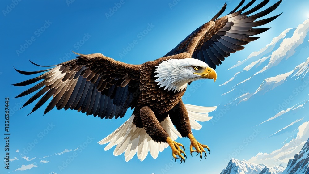 Fototapeta premium A majestic eagle soaring through a clear blue sky, showcasing its powerful wings and sharp beak.