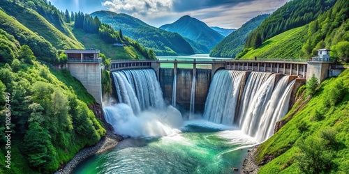 Scenic view of hydroelectric dam with cascading waterfalls in lush mountain valley