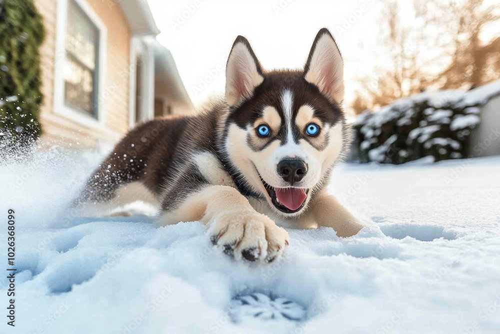 Siberian Husky racing through the snow, leaving a trail of paw prints behind, its icy blue eyes focused ahead as it plays in the cold Siberian Husky racing through the snow, leaving a trail of paw prints behind, its icy blue eyes focused ahead as it plays in the cold