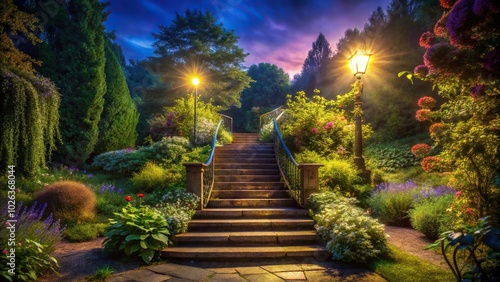 Night scene in a romantic garden with a stairway, HD wallpapers of a garden of roses, forced perspective