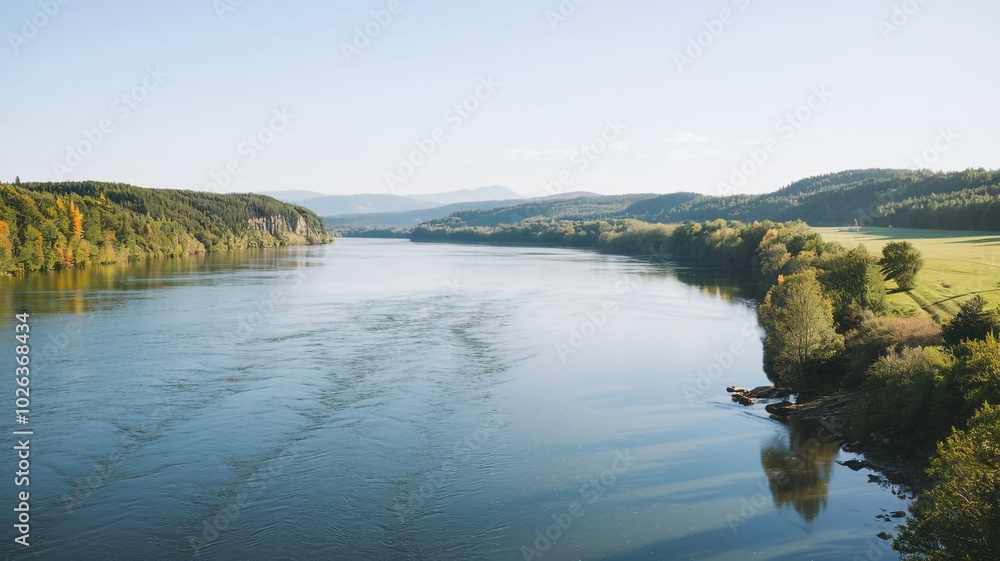 A River Landscape Aerial View With Blue Sky.
