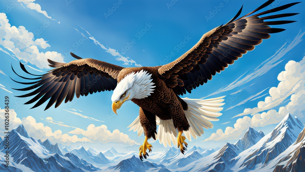 A majestic eagle soaring above snow-capped mountains under a bright blue sky. A majestic eagle soaring above snow-capped mountains under a bright blue sky.