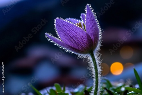 Single Pulsatilla flower standing tall, with dew drops clinging to its fuzzy stems, shining in the soft light of dawn