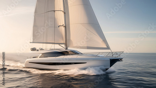 Elegant Yacht Gliding Along Sun-Drenched Coast A Stunning Photostock Image of Luxurious Sails, Azure Waters, and Tranquil Sophistication in a Serene Maritime Escape