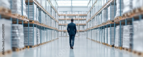 Executive walking through a warehouse close up, focus on, copy space Soft tones and sharp details, Double exposure silhouette with logistics and supply chain