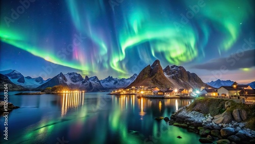 Night sky over Henningsvaer village with vivid Aurora Borealis