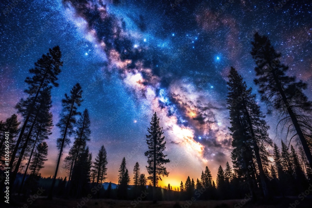 Naklejka premium night sky panorama with trees and forest Extreme Close-Up