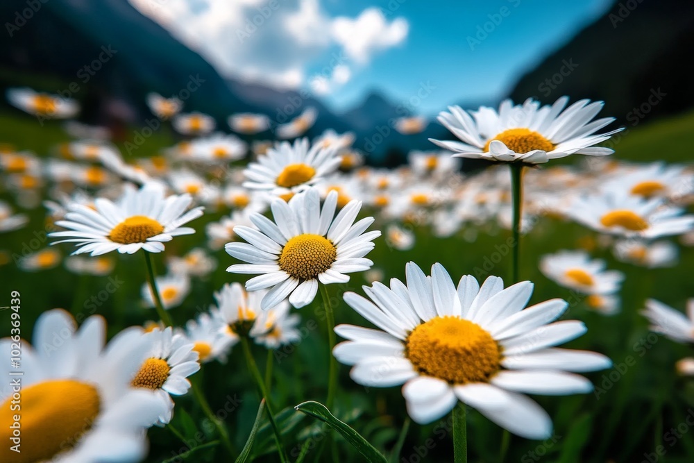 Fototapeta premium Sunny field of daisies stretching across a valley, with the white petals contrasting against the green grass and the blue sky above