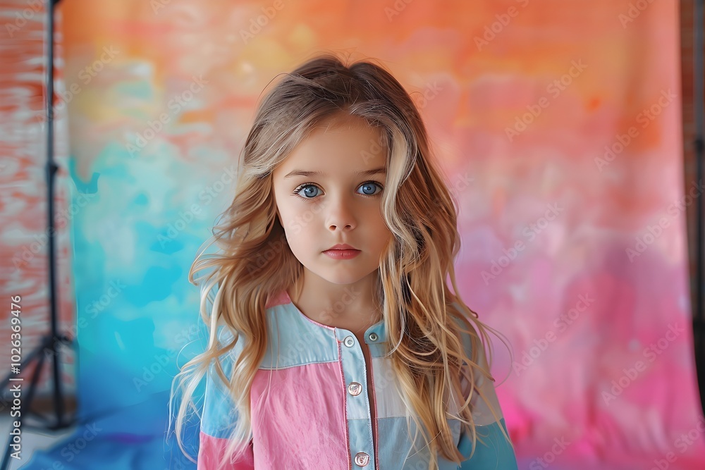 A little girl standing in front of a colorful backdrop A little girl standing in front of a colorful backdrop