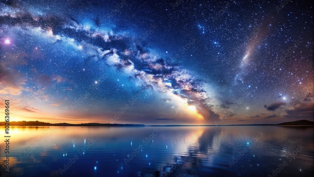 Naklejka premium Night sky reflecting on water surface with panoramic view of clouds and stars, creating a depth of field effect