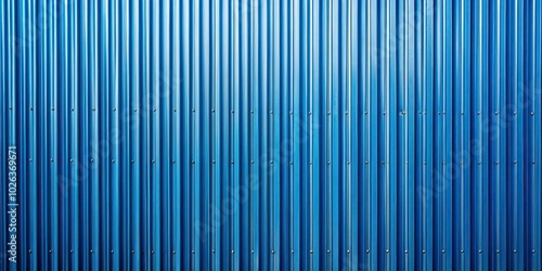 Symmetrical blue corrugated metal texture surface and blue zinc wall with blue door