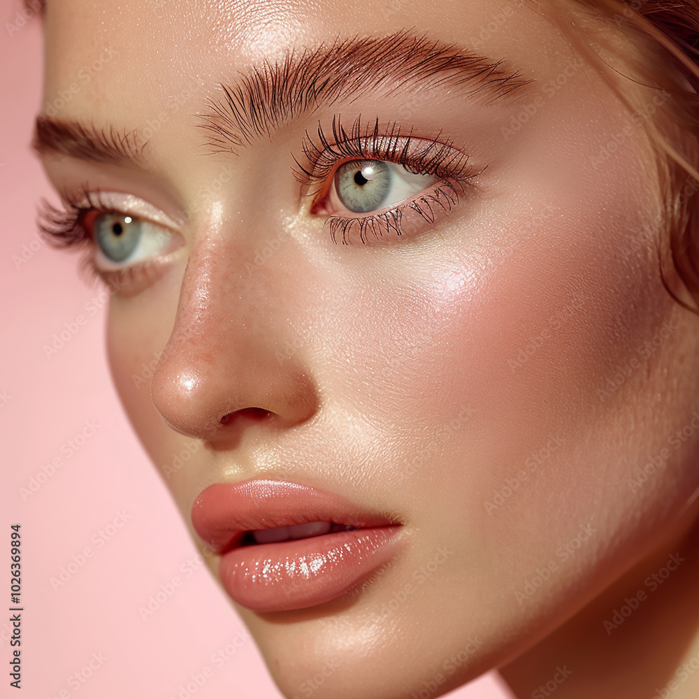 Obraz premium Detailed portrait of a woman with radiant, smooth skin, blue eyes, and glossy lips against a pink background, emphasizing natural beauty and freshness.
