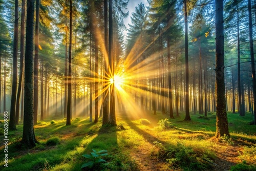 Sunrise in the forest with sunrays filtering through the trees