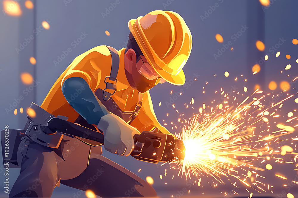 A worker in a hard hat uses a tool, creating sparks in an industrial setting. A worker in a hard hat uses a tool, creating sparks in an industrial setting.
