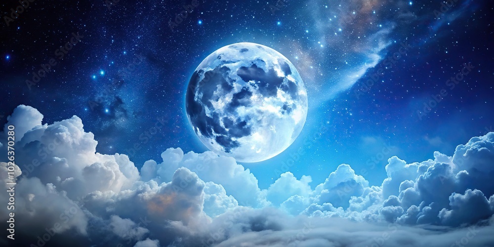Night sky with full moon, white clouds and stars in blue tone Night sky with full moon, white clouds and stars in blue tone