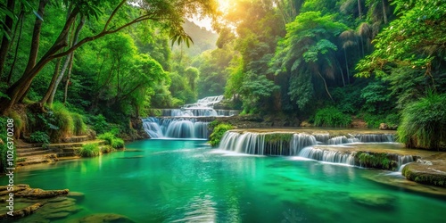 Serene jungle river with small waterfalls in morning light, symmetrical composition