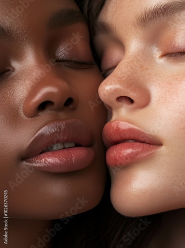 Close-up of two women with different skin tones and natural beauty, featuring smooth skin, glossy lips, and a serene, intimate expression. photo