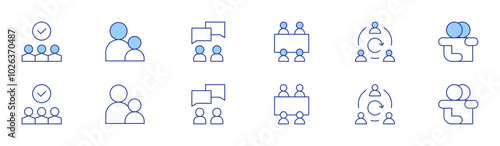 People icon set in two styles, Duotone and Thin Line style. Editable stroke. meeting, vote, mentoring, conversation, agile team, hug