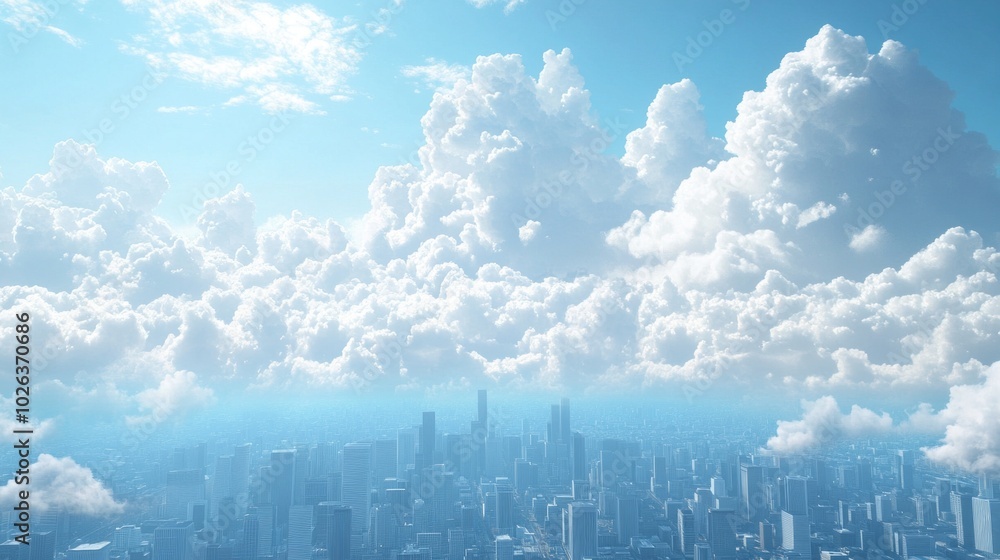 A city skyline is visible through a cloudy sky A city skyline is visible through a cloudy sky