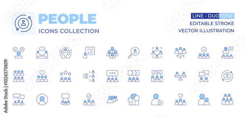 People icons collection. Line Duotone style, editable stroke. discussion, meeting, queue, workers, jigsaw, protest, topic, human resources, user, heart, engagement, support