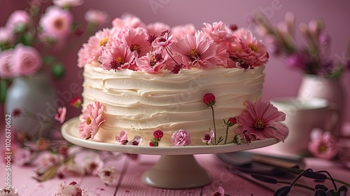 A beautiful layered cake adorned with pink flowers, set on a soft pink background, creating a charming and festive atmosphere.