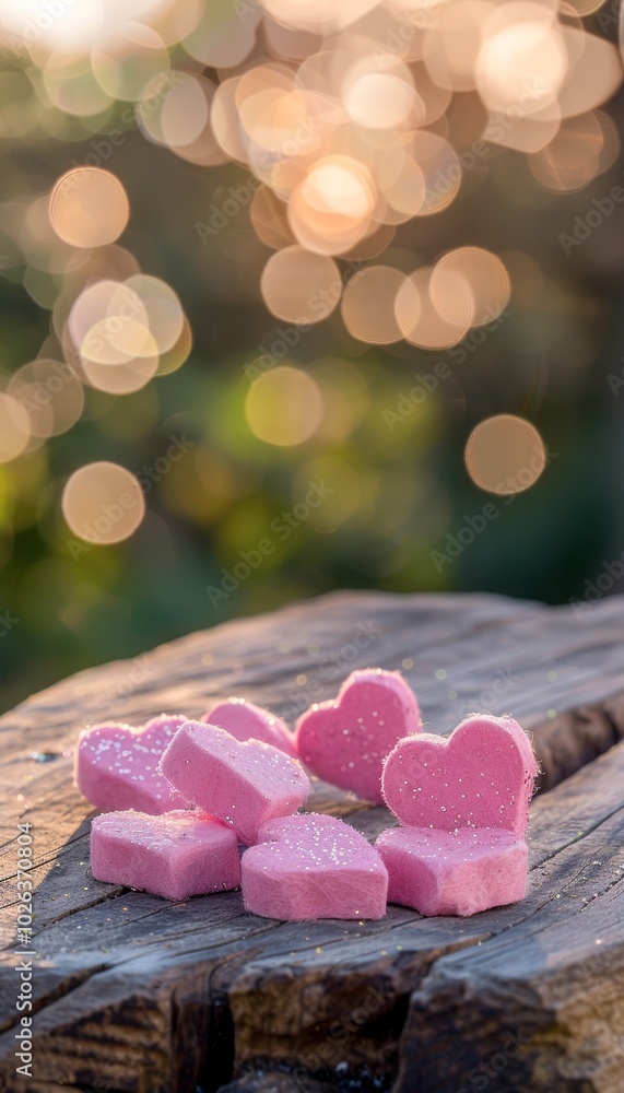 Charming pink hearts on wooden table with soft bokeh background celebrating love and affection Charming pink hearts on wooden table with soft bokeh background celebrating love and affection