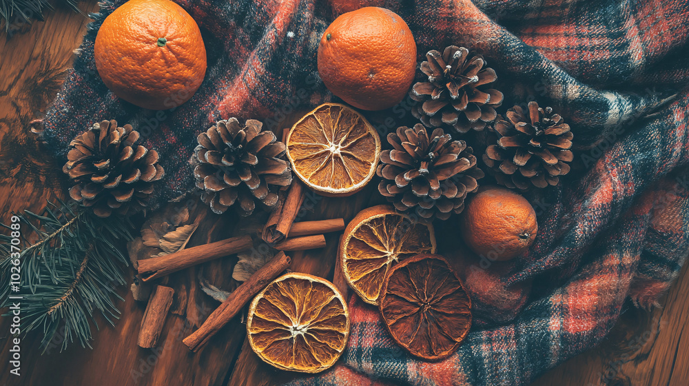 Christmas Flat Lay with Oranges, Pine Cones, Cinnamon Sticks and Plaid Fabric Christmas Flat Lay with Oranges, Pine Cones, Cinnamon Sticks and Plaid Fabric