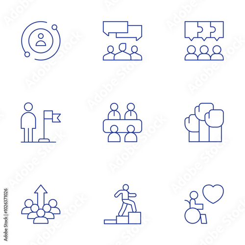 People icons set. Thin Line style, editable stroke. jigsaw, protest, disabled people, user, flag, improvement, discussion, meeting, winner